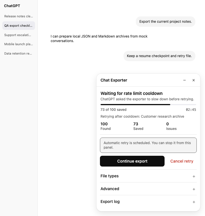 Chat Exporter rate-limit cooldown panel with continue and cancel actions
