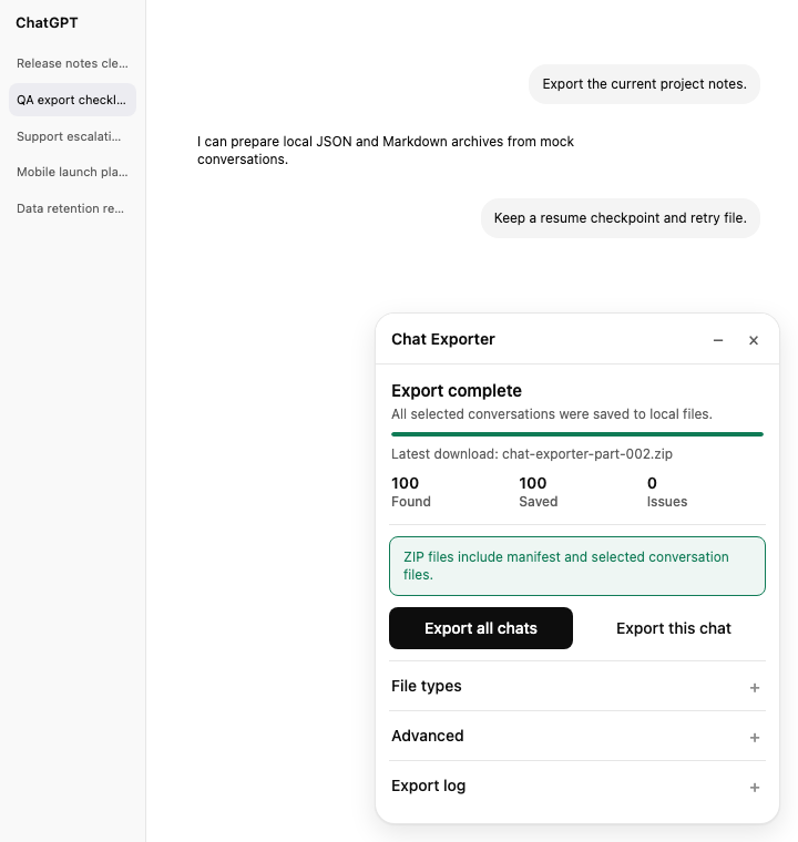 Chat Exporter export complete panel showing saved conversations