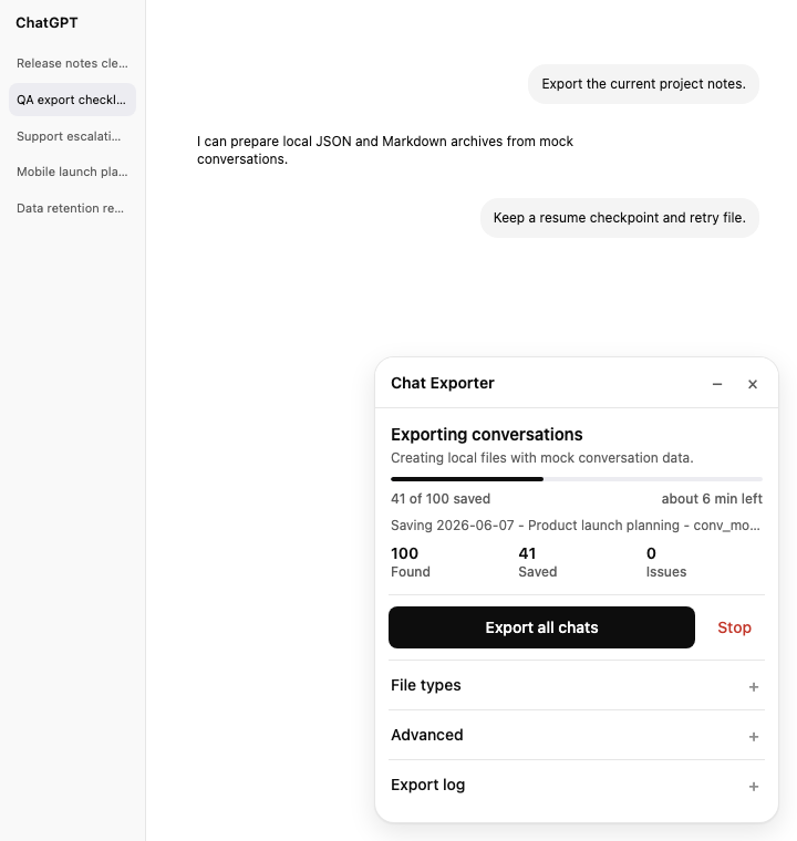 Chat Exporter progress panel while saving conversations
